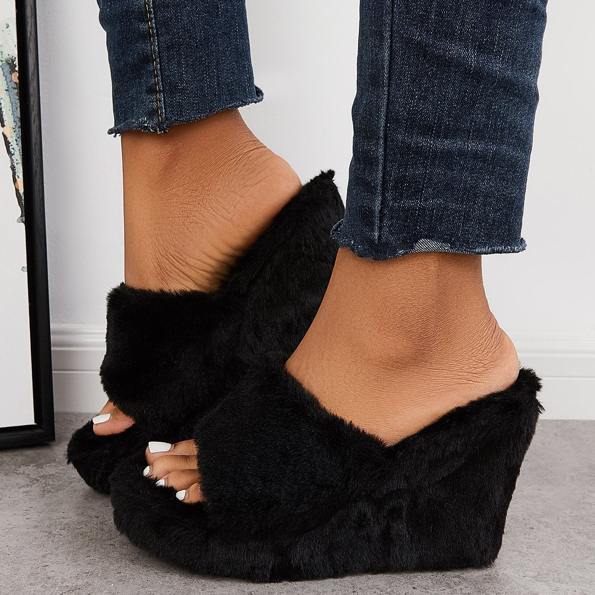 Faux Fur Wedge Slippers Furry Platform High Heel Slide Shoes