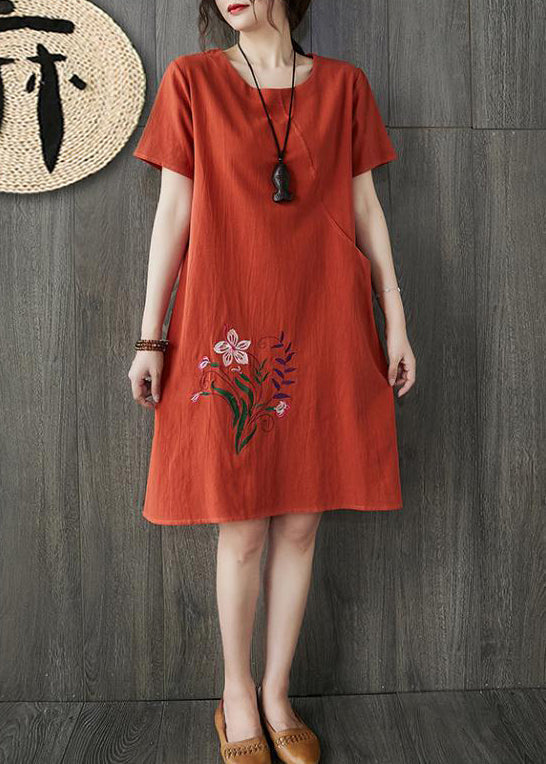 Floral Embroidery Round Neck Short Sleeve Shift Knee Dress