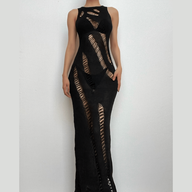 Knit Ladder Cut Out Sleeveless Crew Neck Bodycon Maxi Dress