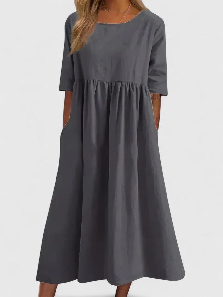 Scoop Neck Short Sleeve Pocket A-Line Midi Dress