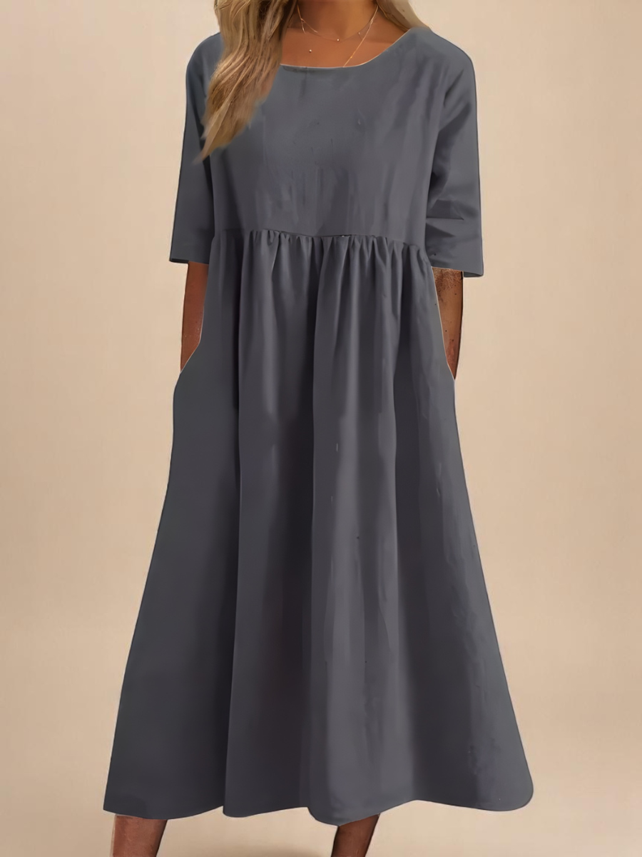 Round Neck Half Sleeve Pocket Babydoll Midi Dress