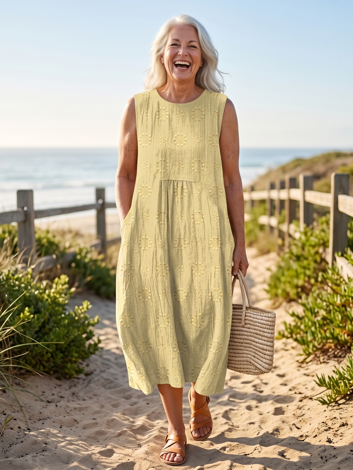 Round Neck Sleeveless Textured Embroidered Midi Dress 6