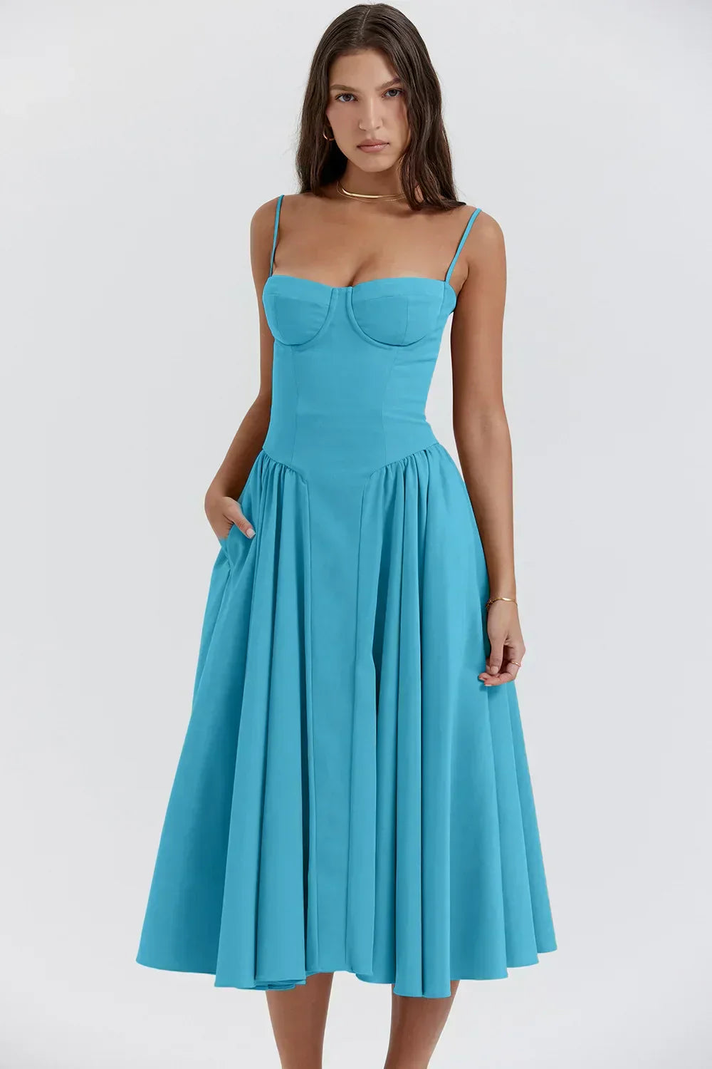Milagros Premium Open-Shoulder Midi Dress with a Corset Fit Elevated Occasion Wear
