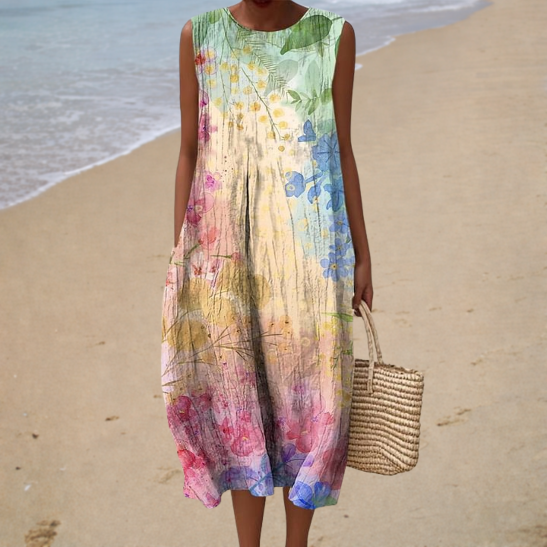 Watercolor Floral Round Neck Sleeveless Pocket Midi Dress