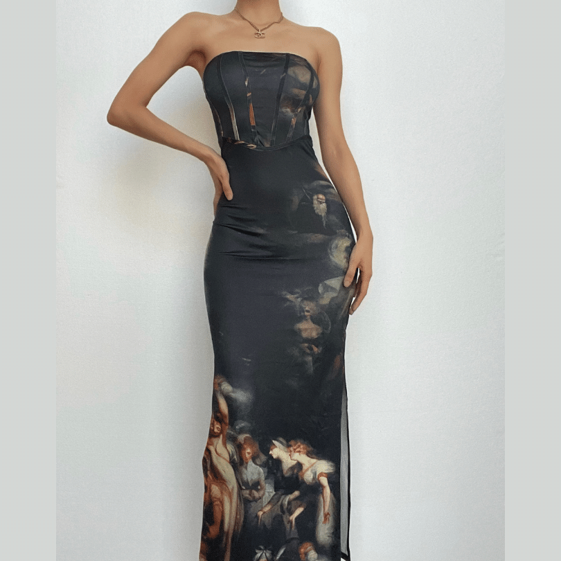 Renaissance Art Print Strapless Corset Bustier Side Slit Maxi Dress