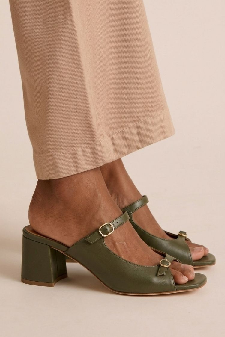 Open Toe T-Strap Contrast Block Heel Mules