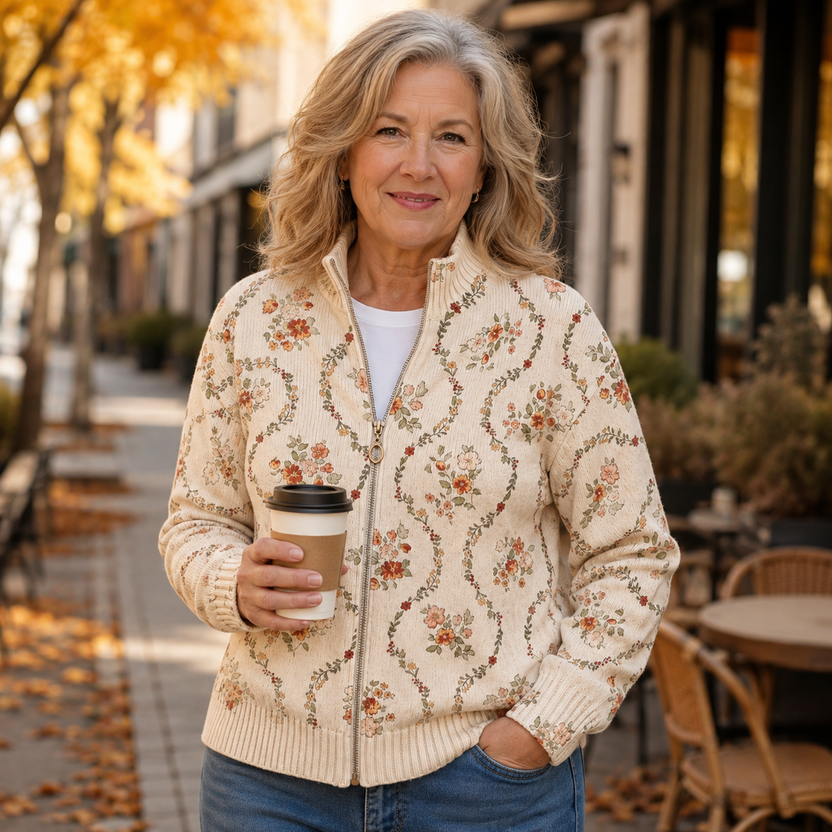 Floral Print Zip Front Stand Collar Cardigan
