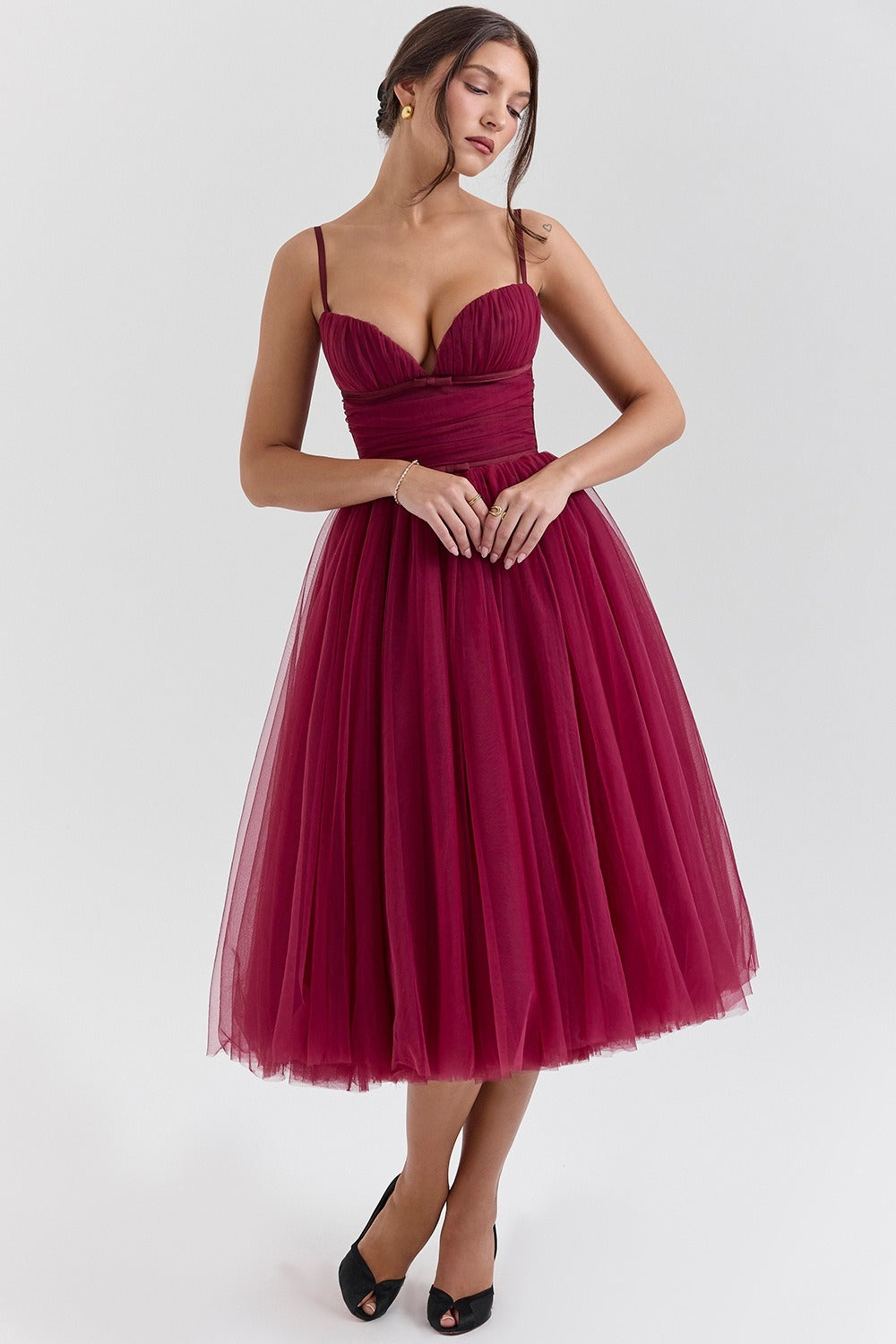Tulle Sweetheart Spaghetti Strap Corset Fit and Flare Midi Dress
