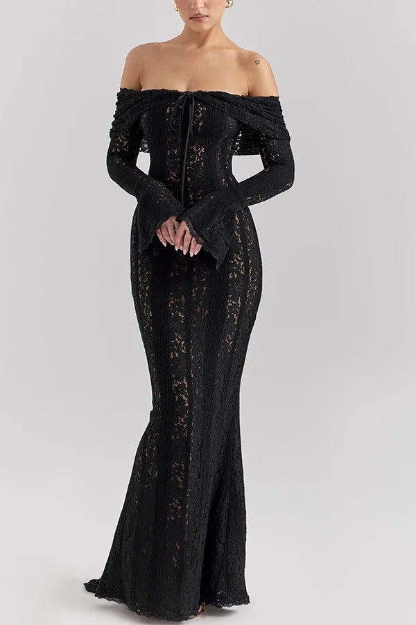 Leila Elevated Off Shoulder Floral Lace Flared Sleeve Fishtail Maxi Dress White Occasion Wear