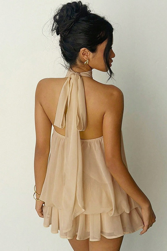 Chiffon Halter Neck Tiered A-Line Mini Dress