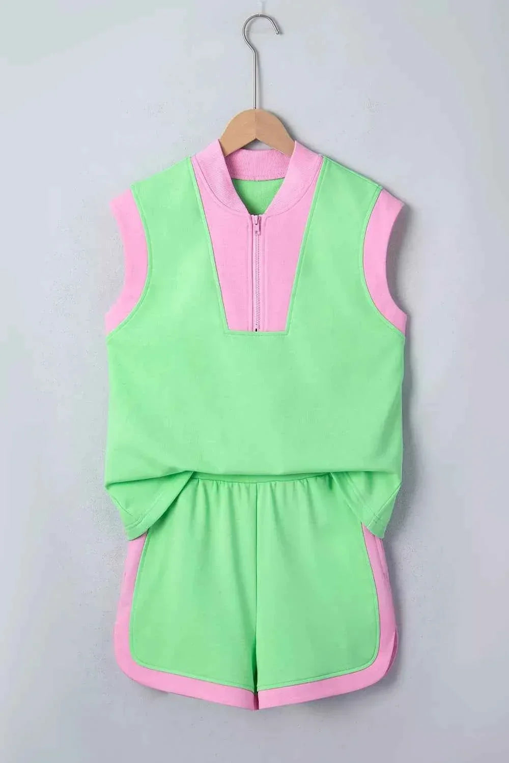 Color Block Half Zip Cap Sleeve Top and Shorts Two Piece Set 2