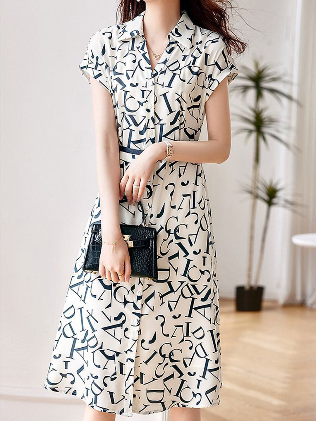Letter Print Button Down Shirt Collar Cap Sleeve Belted Midi Dress