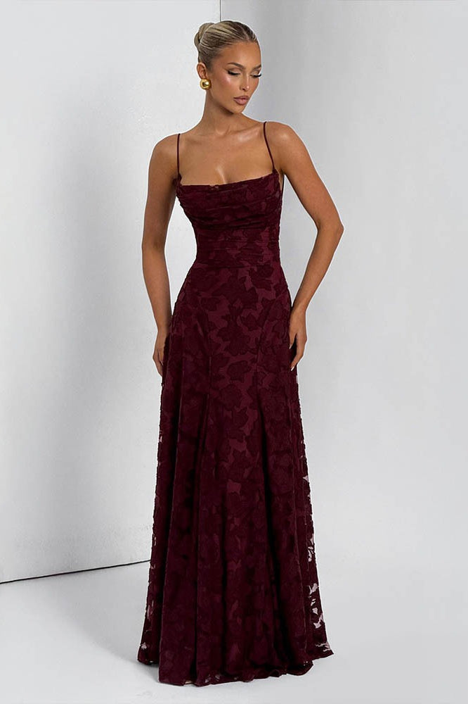 Floral Burnout Lace Spaghetti Strap Straight Neck A-Line Maxi Dress 13