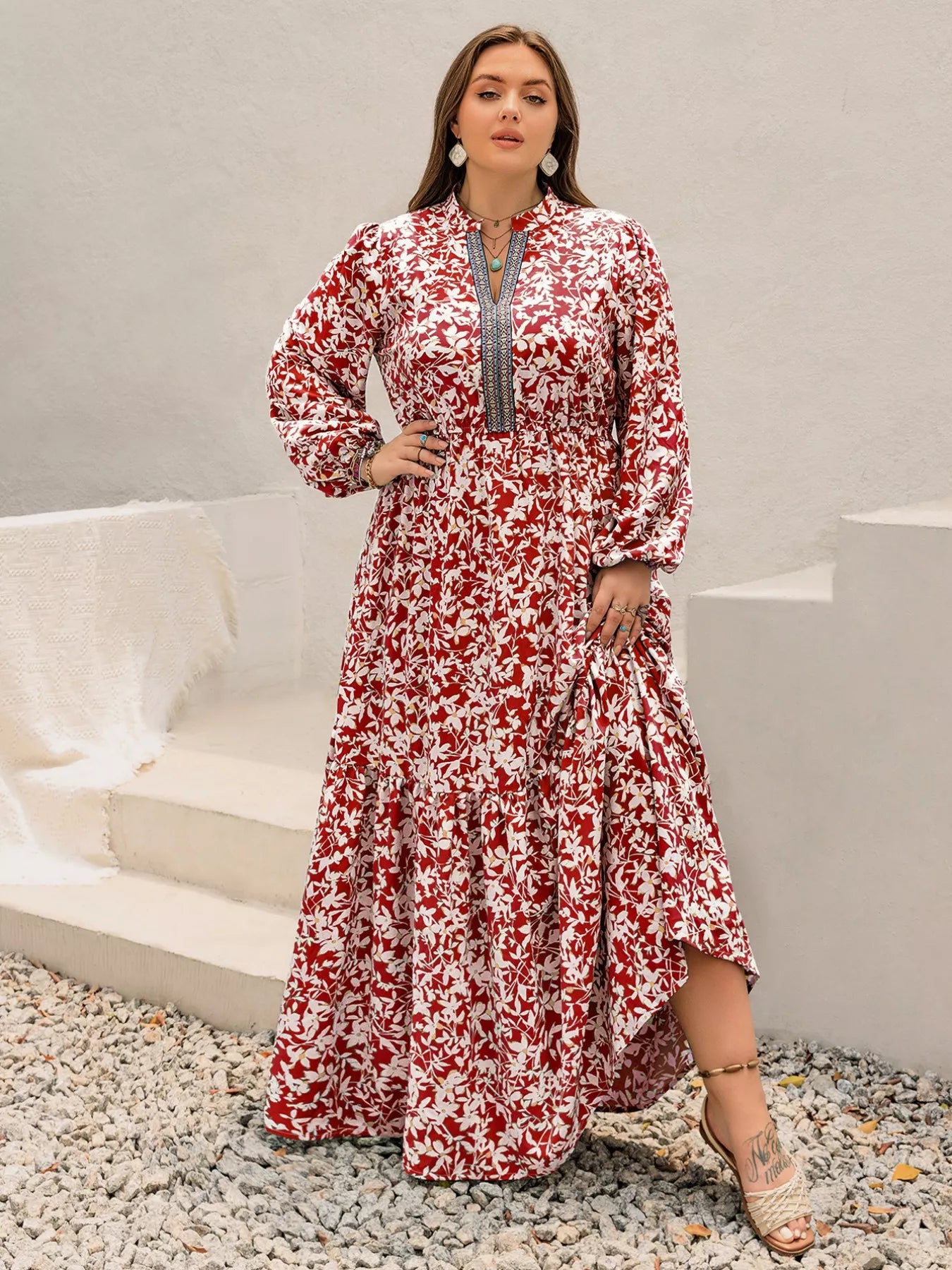 Plus Size Floral Print Long Sleeve Maxi Dress Deep Red