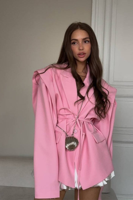 V-Neck Belted Shoulder Pad Blazer