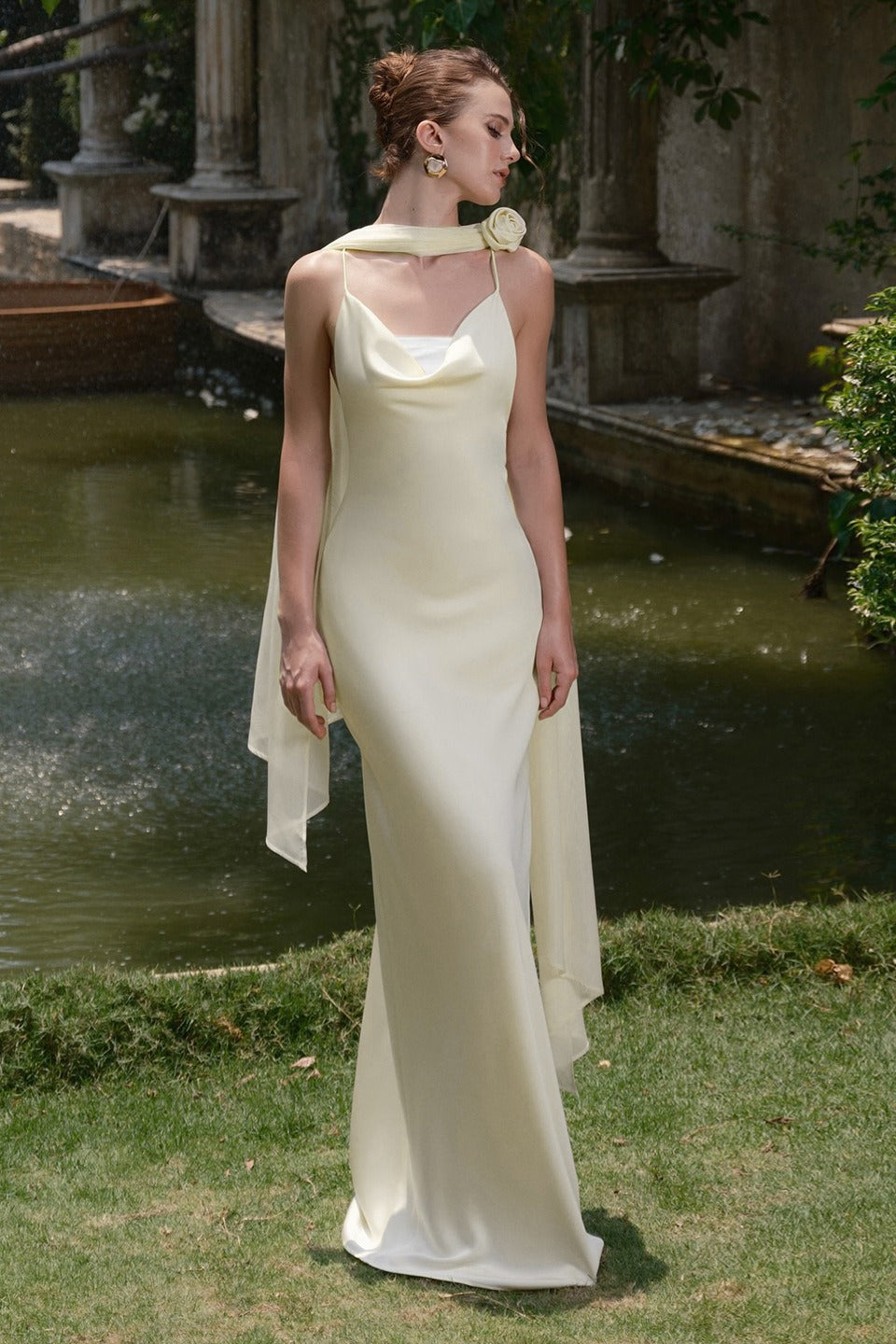 Satin Cowl Neck Rosette Backless Bias Cut Slip Maxi Dress