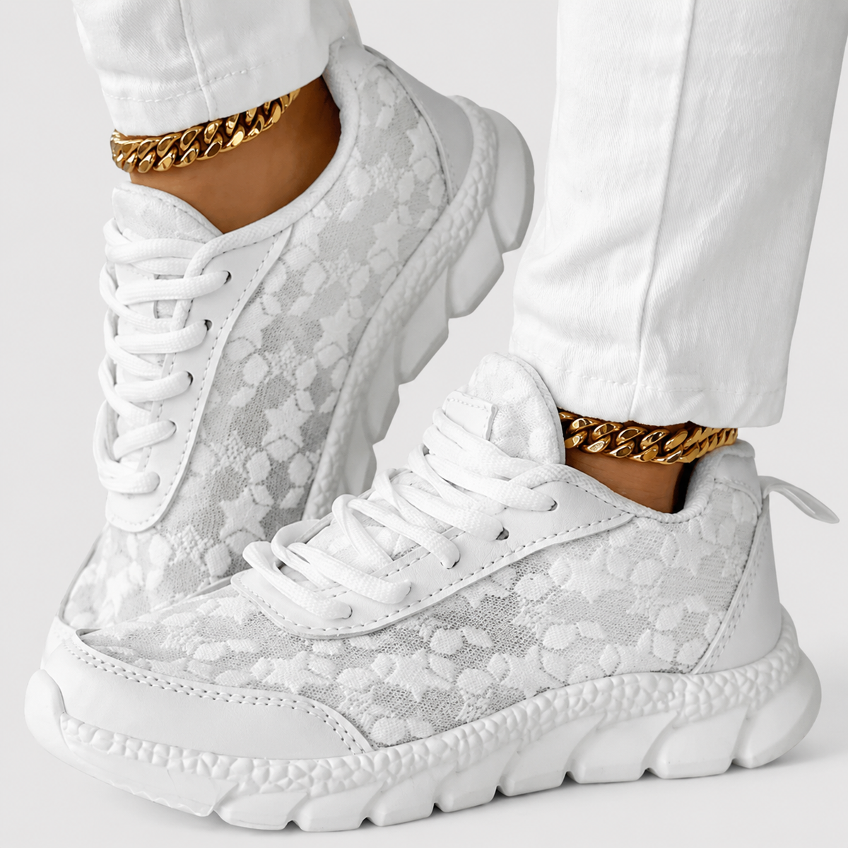 Floral Lace Overlay Lace Up Chunky Sole Sneakers