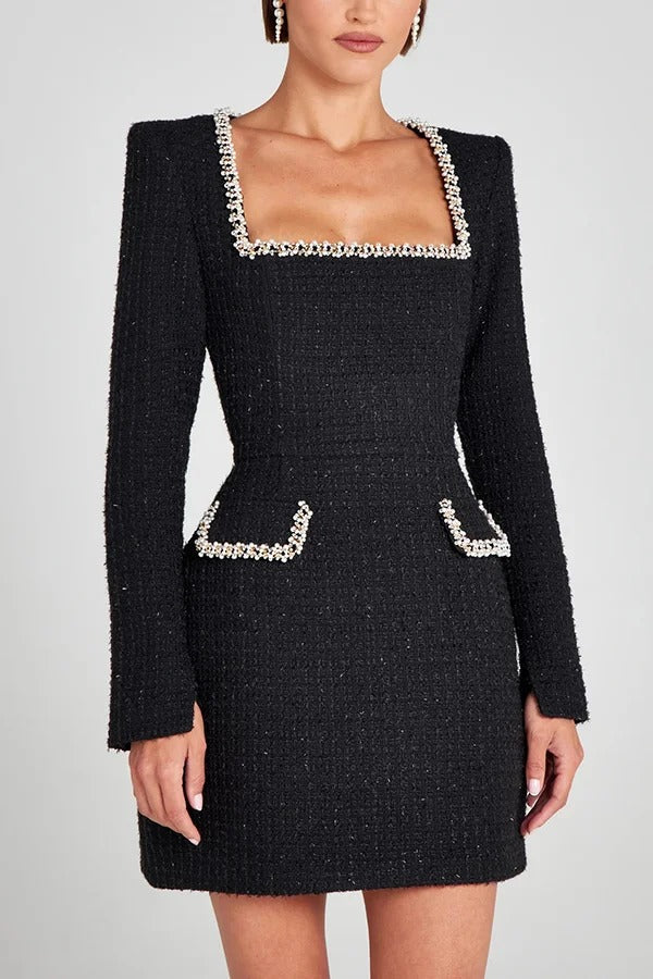 Tweed Square Neck Pearl Trim Long Sleeve Pocket Mini Dress