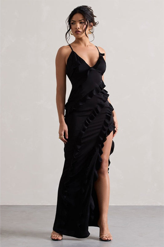 Spaghetti Strap Deep V-Neck Ruffle High Split Maxi Party Dress