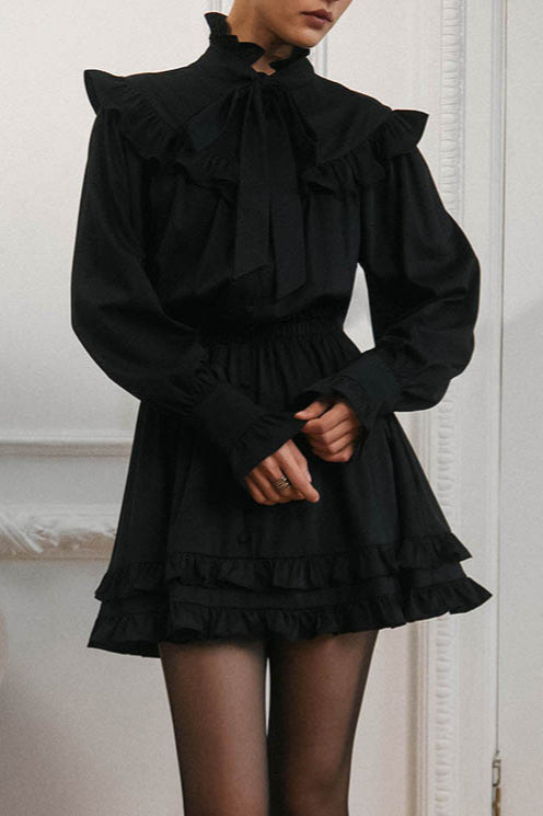 Elegant Bow Tie Lace Up Long Sleeve A Line Mini Dress - View 4