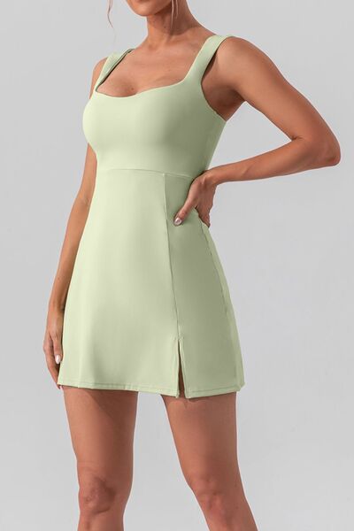 Square Neck Sleeveless Slit Mini Active Dress Gum Leaf