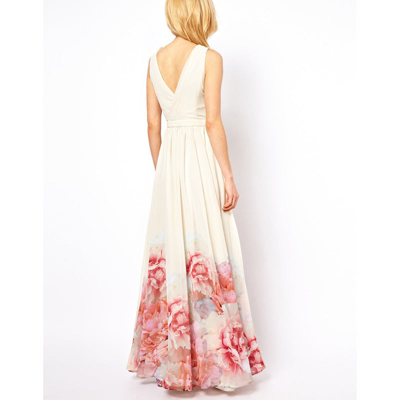 Bohemian Sleeveless Deep V Neck Flower Print Long Dress