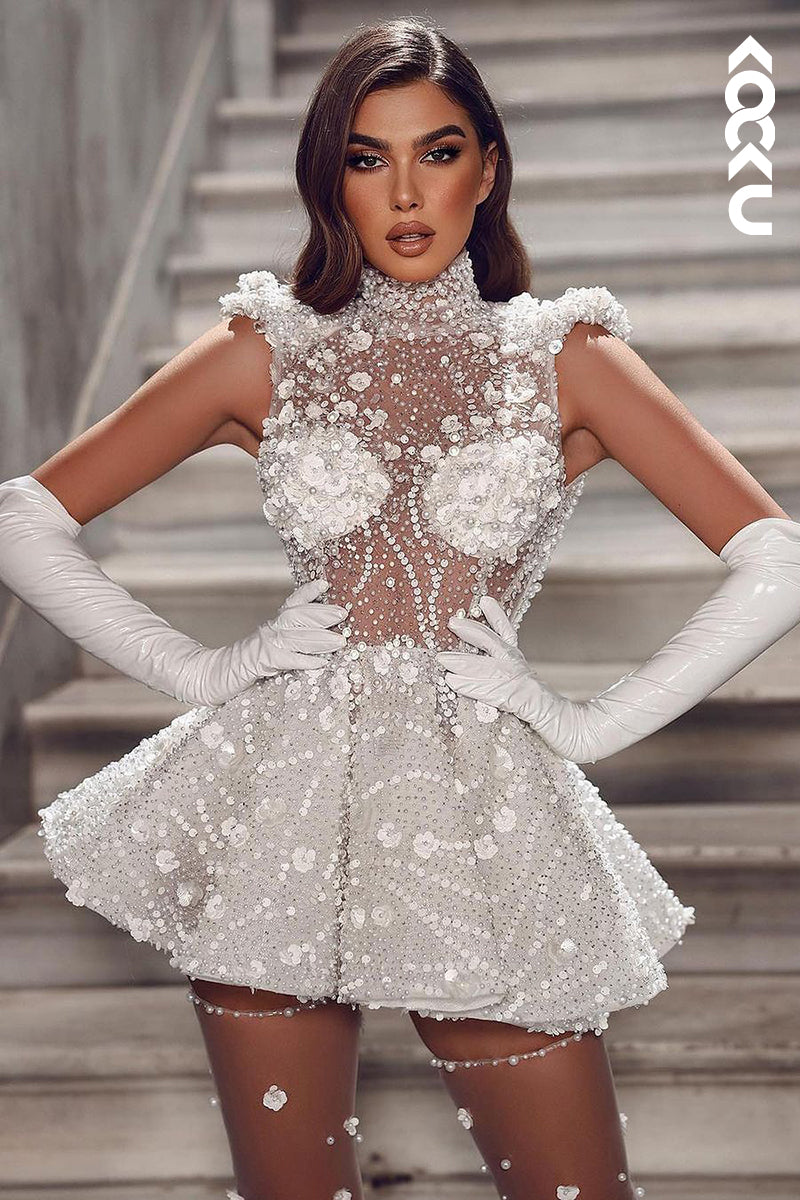 K1934 - Gorgeous & Charming High Neck Sleeveless Short Wedding Dress With Beaded