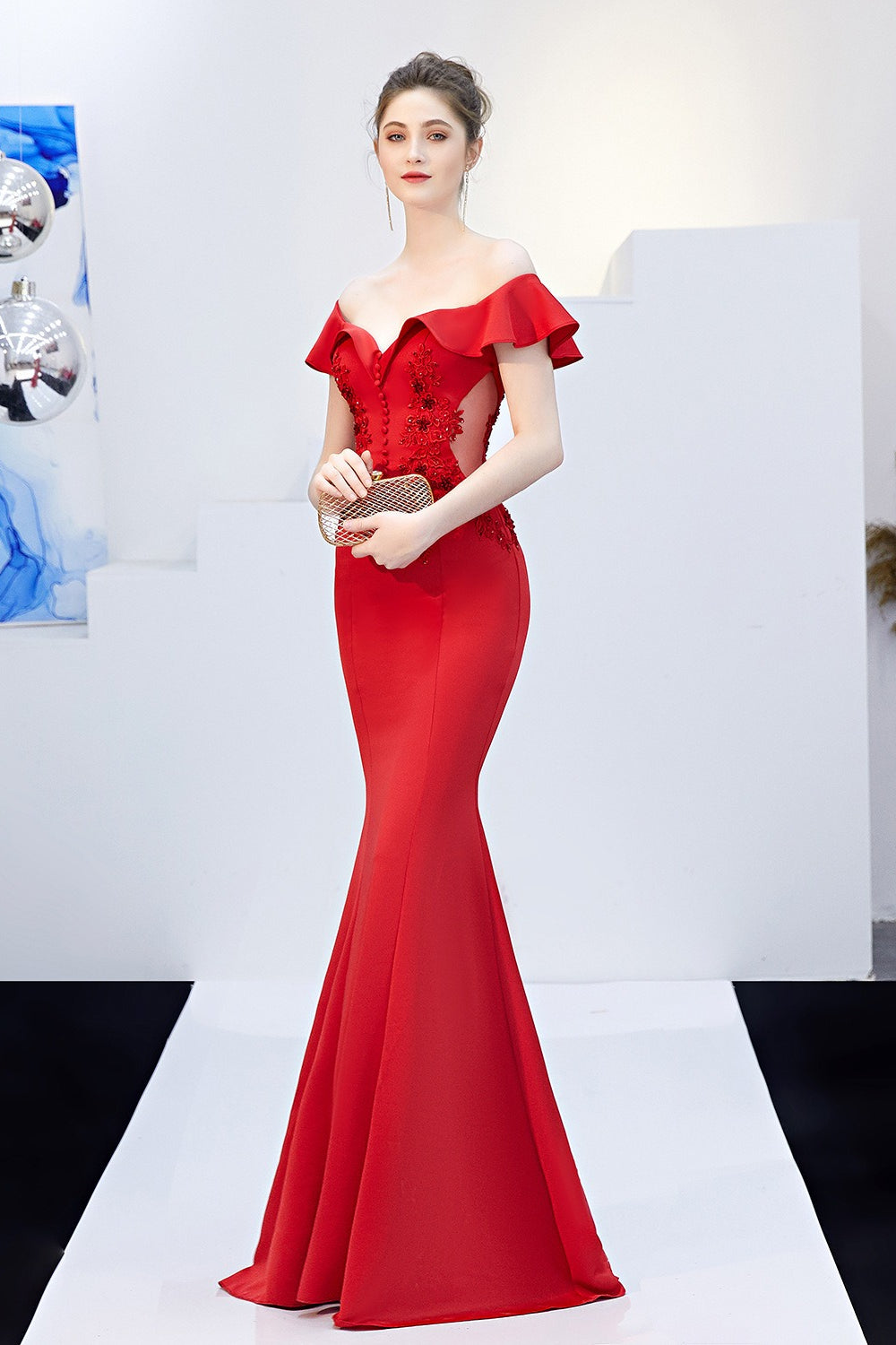 Off Shoulder Ruffle Beaded Mermaid Formal Gown