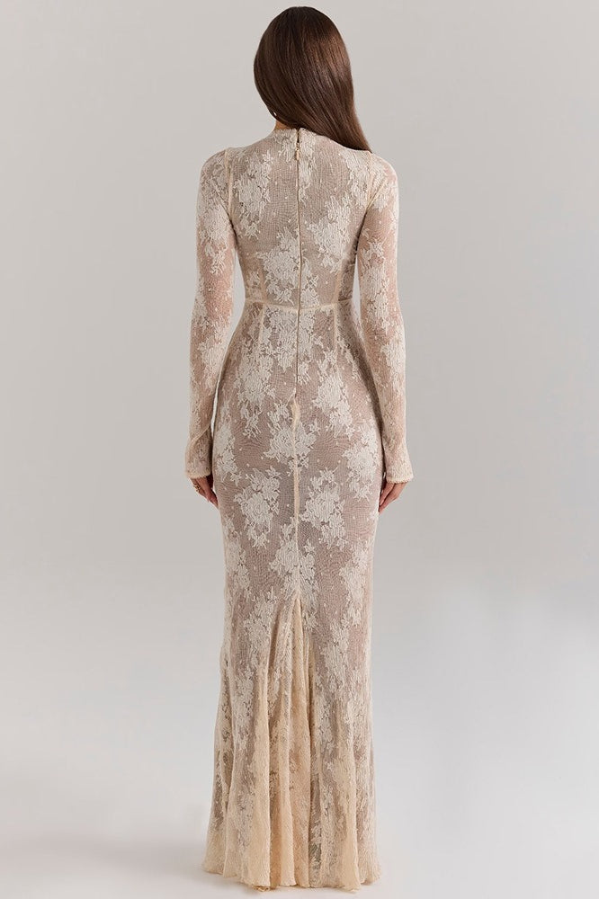 Lace Round Neck Long Sleeve Hollow Slim Lace Dress
