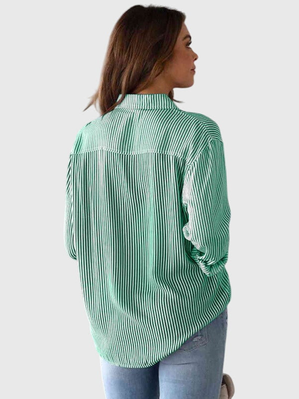 Striped Collared Three Quarter Sleeve Button Front Shirt
