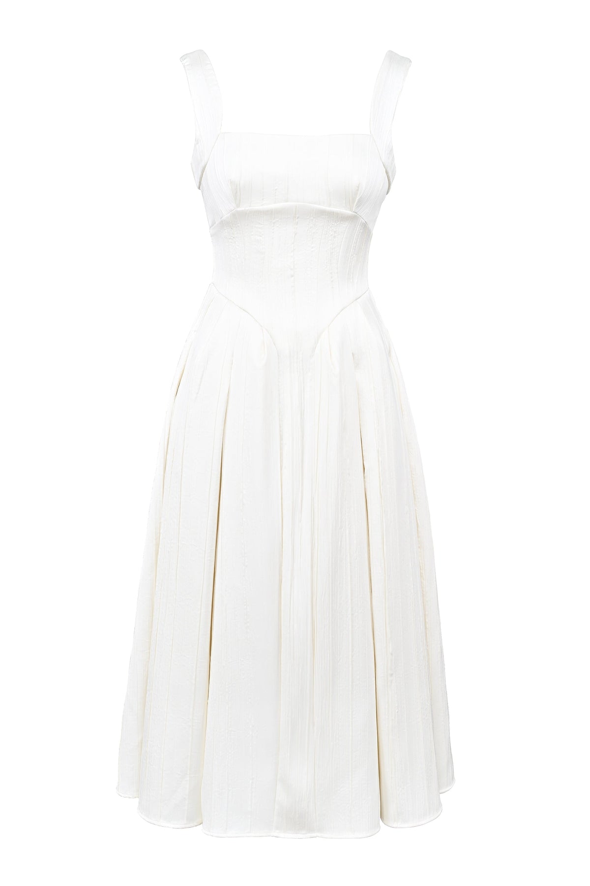Textured Satin Square Neck Corset Bodice Pleated A-Line Midi Dress 9