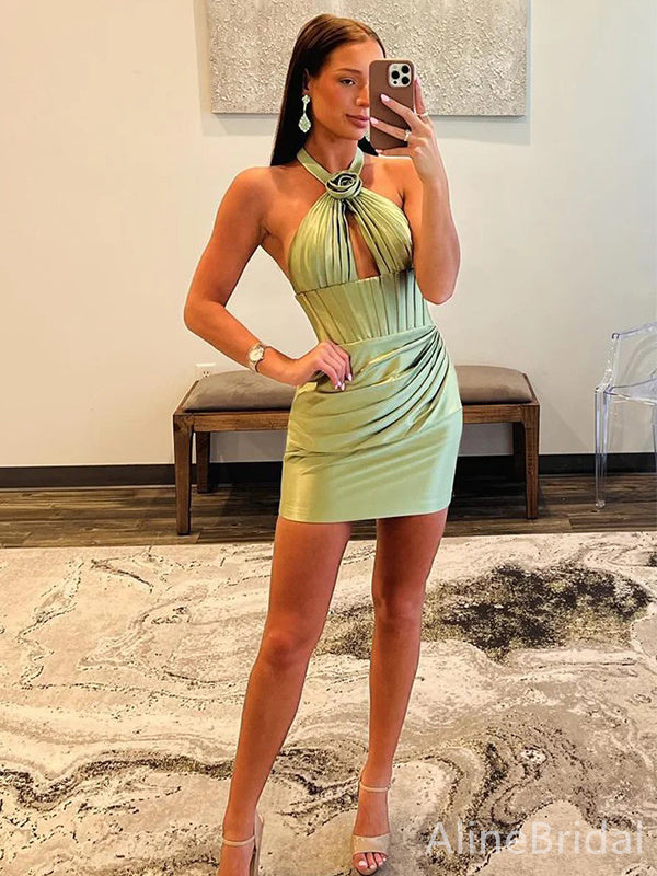 Satin Rosette Halter Neck Keyhole Pleated Bodice Short Homecoming Dress