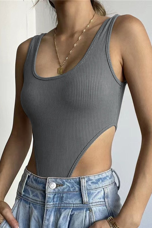 Slim U Neck High Slit Tank Bodysuit