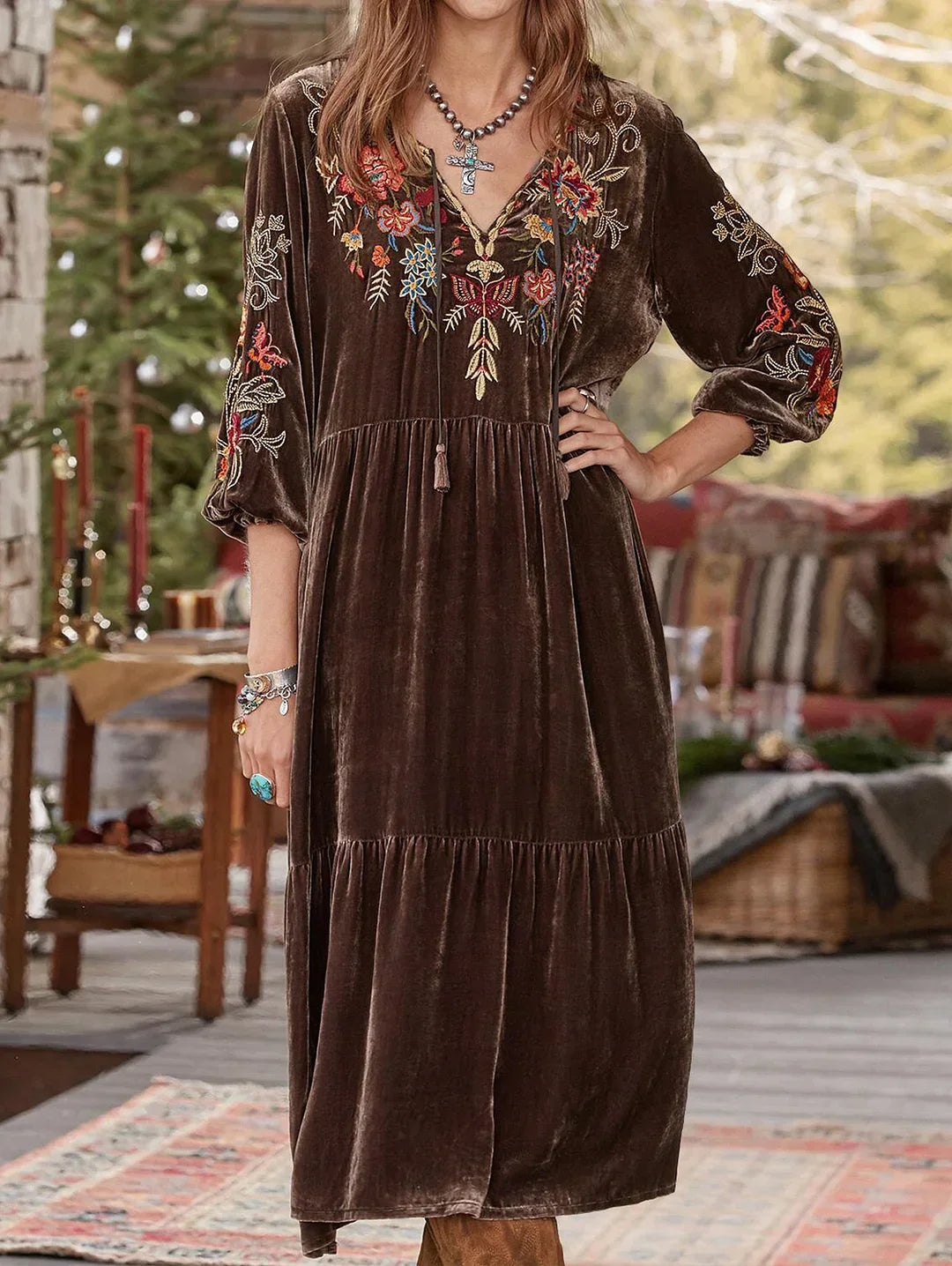 Tassel Front Spliced V Neck Velvet Midi Dress