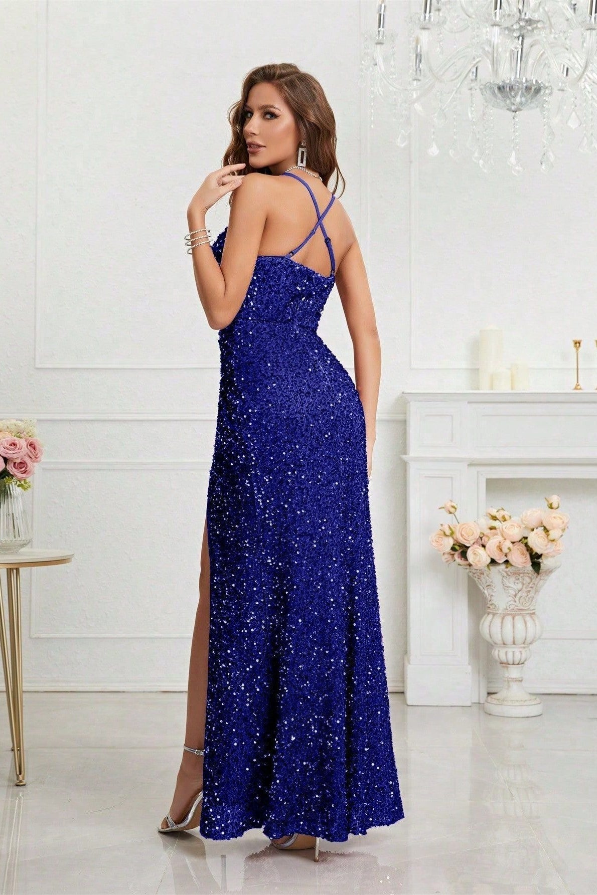 Sequin Spaghetti Strap Sweetheart High Split Ruched Bodycon Dress