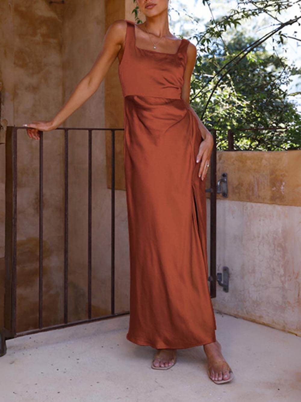 Satin Square Neck Ruched High Split Maxi Dress