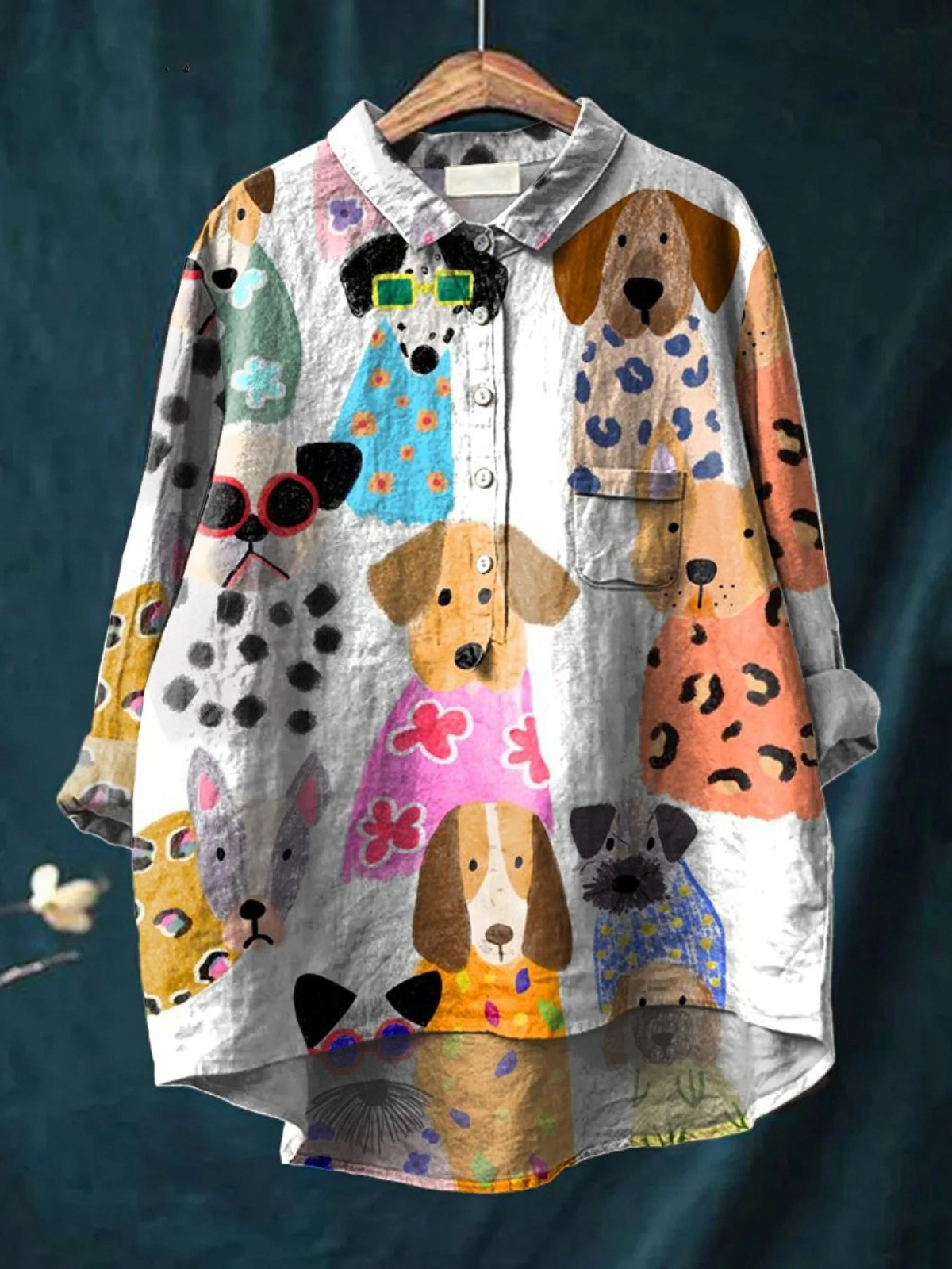 Cartoon Puppy Print Collared Long Sleeve Button Front Shirt