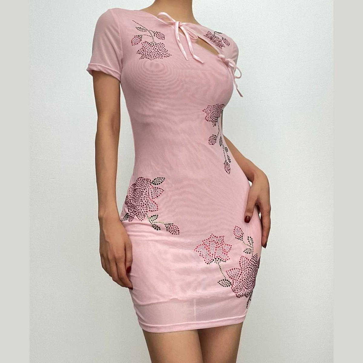 Rhinestone Floral Sheer Mesh Short Sleeve Tie Cut Out Bodycon Mini Dress