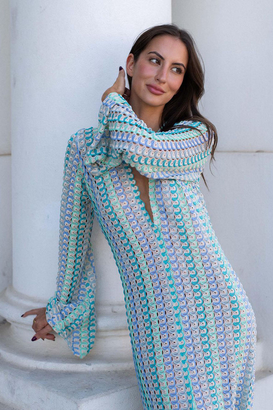 Crochet Deep V-Neck Long Sleeve Striped Boho Maxi Dress