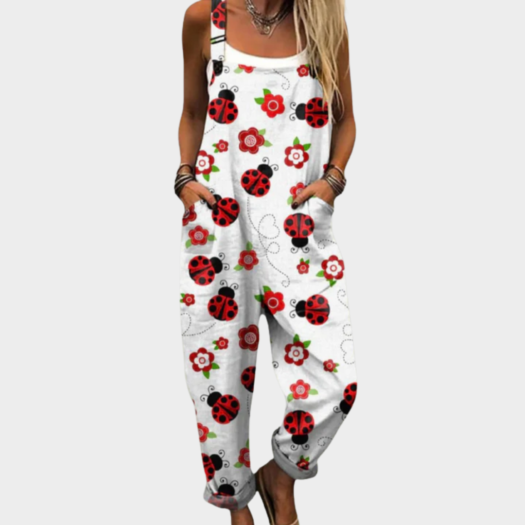 Ladybug Print Sleeveless Pocket Overall Jumpsuit