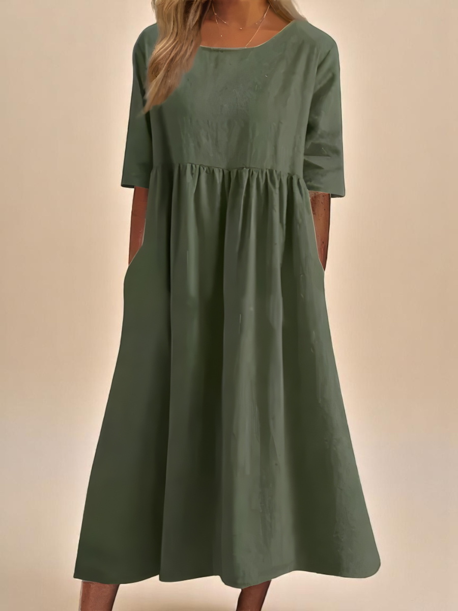 Round Neck Half Sleeve Pocket Babydoll Midi Dress
