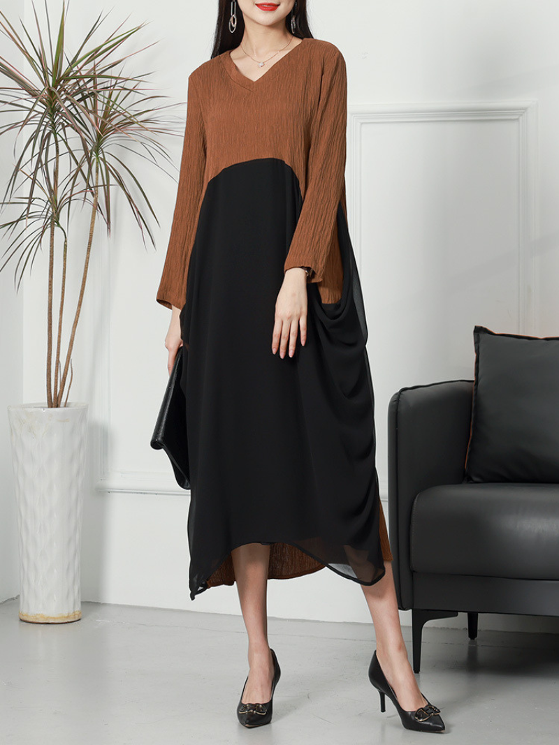 V-Neck Long Sleeve Chiffon Layered Loose Midi Dress