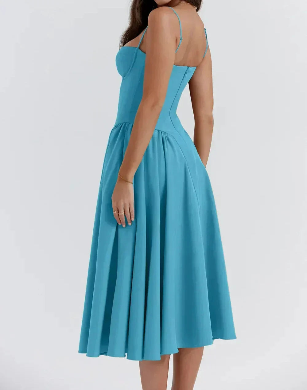 Spaghetti Strap Sweetheart Corset Fit and Flare Midi Dress