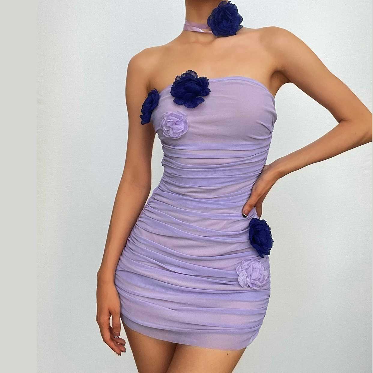Strapless Rosette Ruched Mesh Backless Bodycon Mini Dress