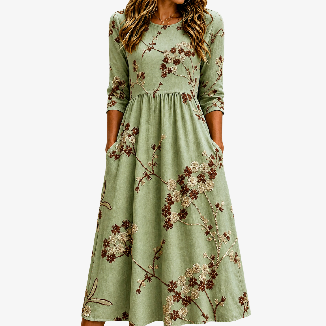 Floral Print Round Neck 3/4 Sleeve Pocket Midi Dress