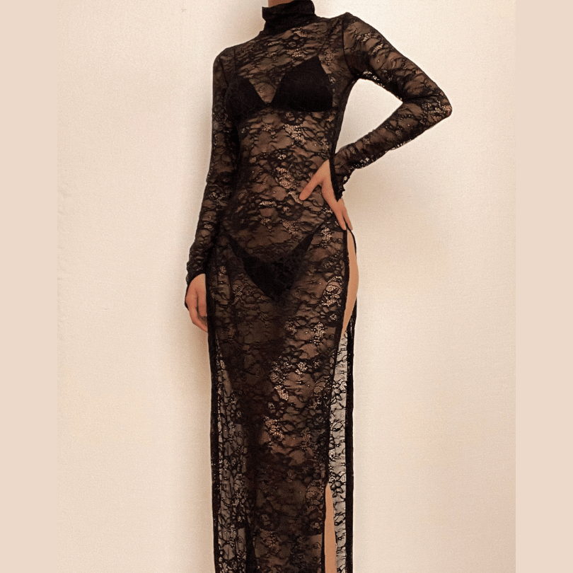 Sheer Floral Lace Turtleneck Long Sleeve High Split Maxi Dress