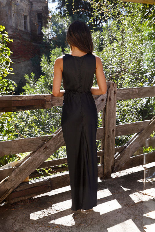 Satin Sleeveless Gathered Waist Column Slip Maxi Dress