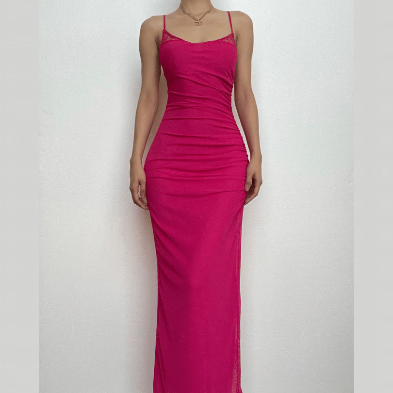 Mesh ruched slit square neck solid backless cami midi dress 2