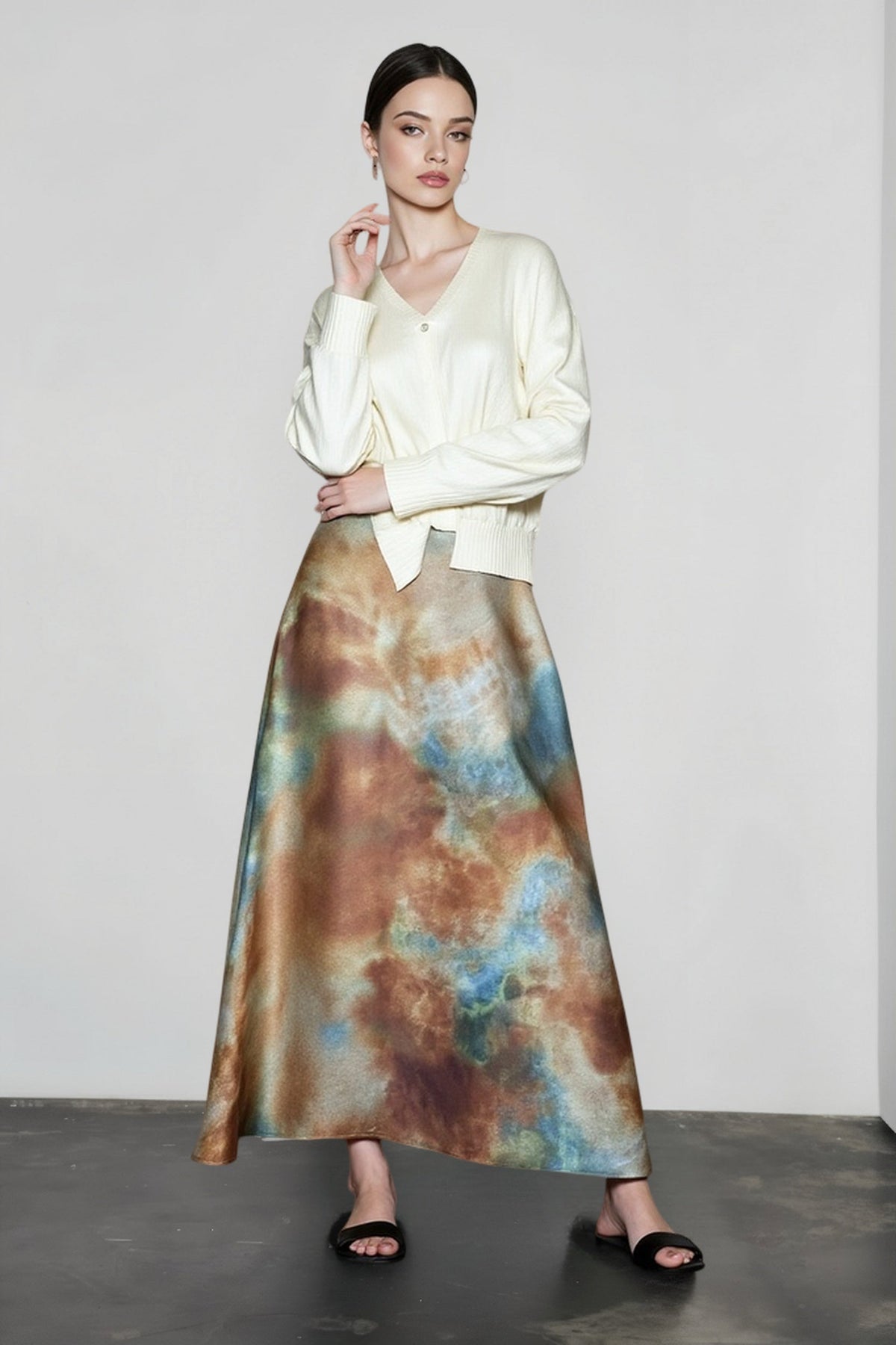 Tie Dye Satin High Waist A-Line Maxi Skirt