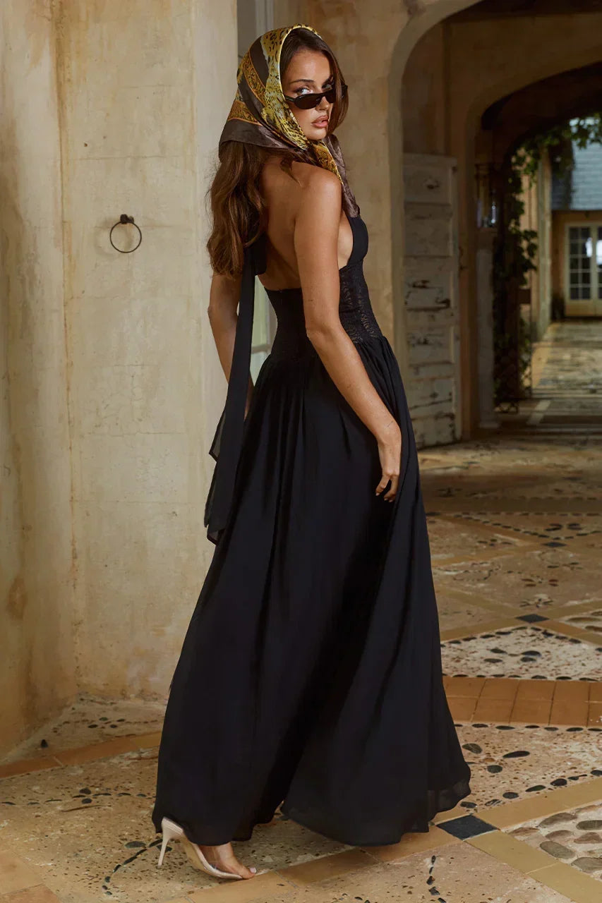 Plunge Halter Neck Lace Waist Panel Flowy Maxi Dress 6